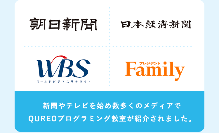 「朝日新聞」「日本経済新聞」「WBS」「プレジデントFamily」新聞やテレビを始め数多くのメディアでQUREOプログラミング教室が紹介されました。