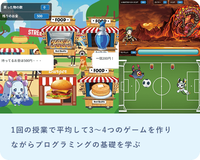 1回の授業で平均して3～4つのゲームを作りながらプログラミングの基礎を学ぶ