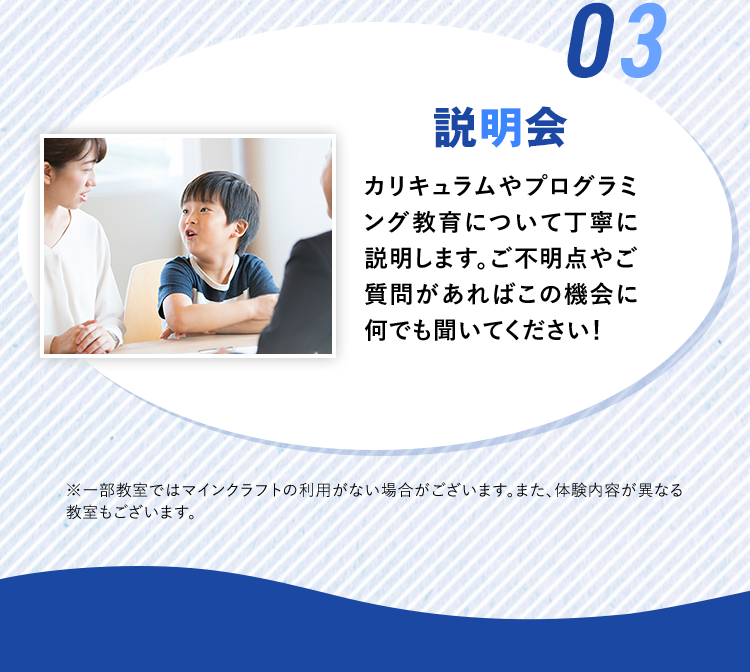 03.「説明会」カリキュラムやプログラミング教育について丁寧に説明します。ご不明点やご質問があればこの機会に何でも聞いてください！※一部教室ではマインクラフトの利用がない場合がございます。また、体験内容が異なる教室もございます。