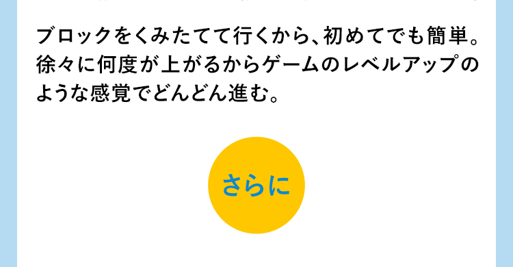 ブロックをくみたてて行くから、初めてでも簡単。徐々に何度が上がるからゲームのレベルアップのような感覚でどんどん進む。さらに